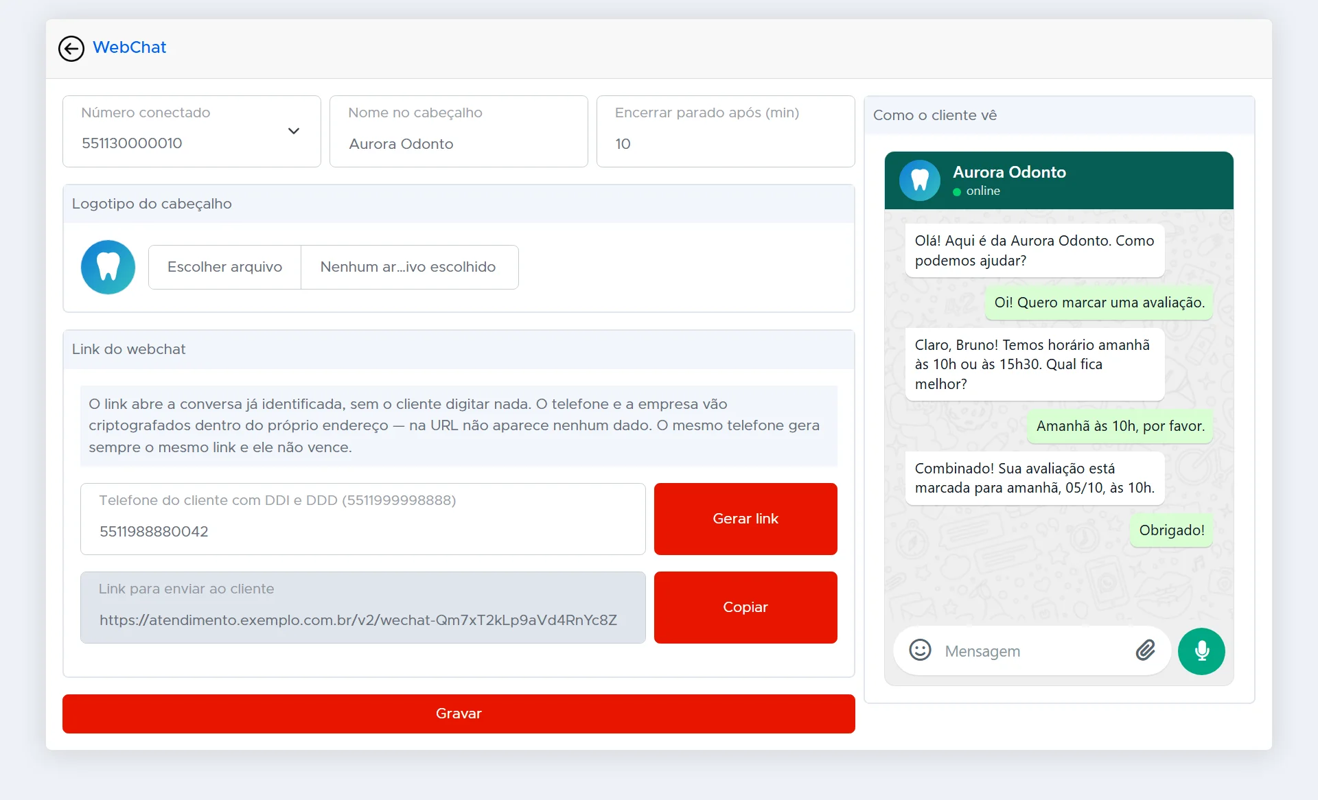Configuração do webchat com nome, logotipo e a prévia de como o cliente vê