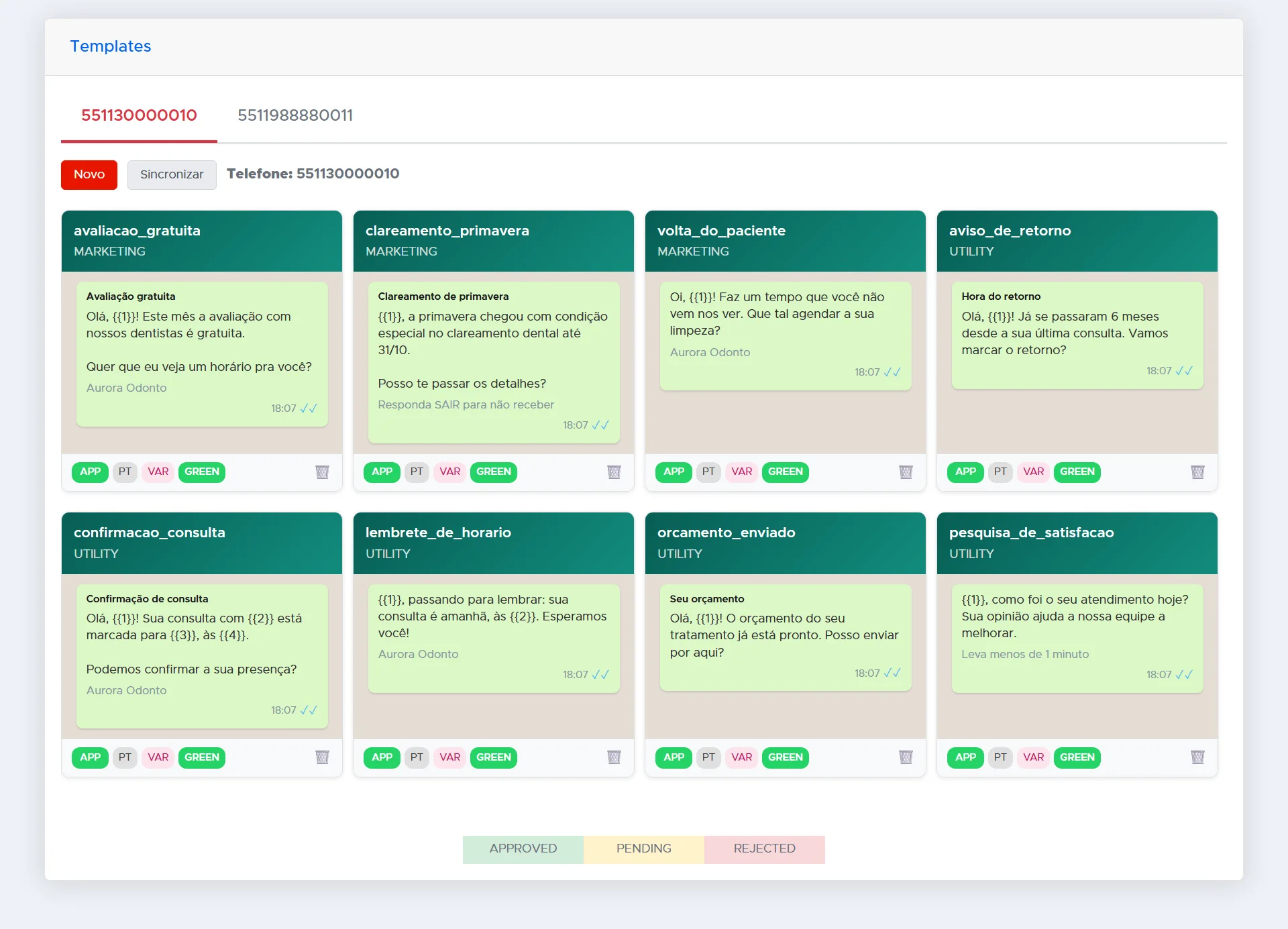 Templates do WhatsApp aprovados pela Meta, com a prévia de cada mensagem