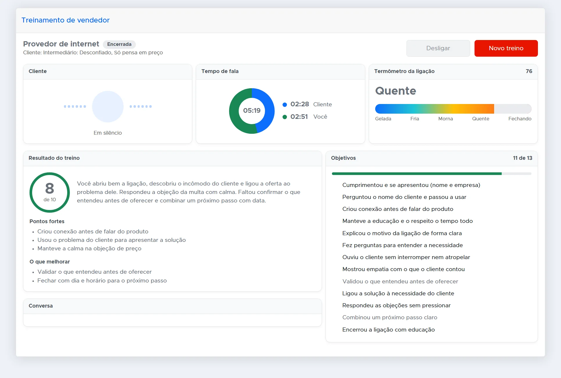 Resultado do treino de vendas com nota, resumo, pontos fortes e o que melhorar