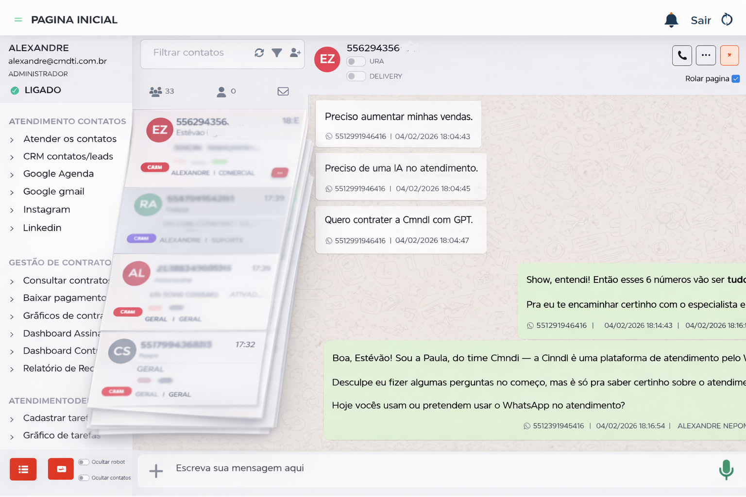 Plataforma de atendimento CINNDI - Interface do chat