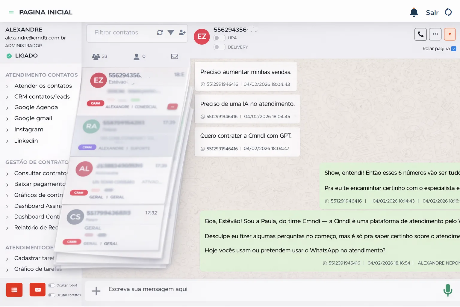 Plataforma de atendimento CINNDI - Interface do chat