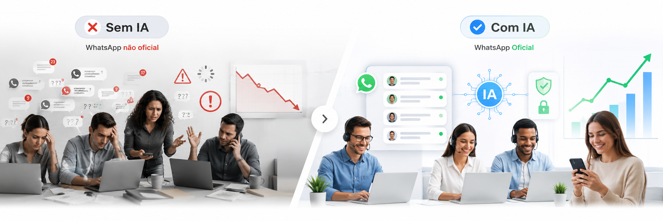 Comparativo horizontal entre atendimento sem IA e com IA