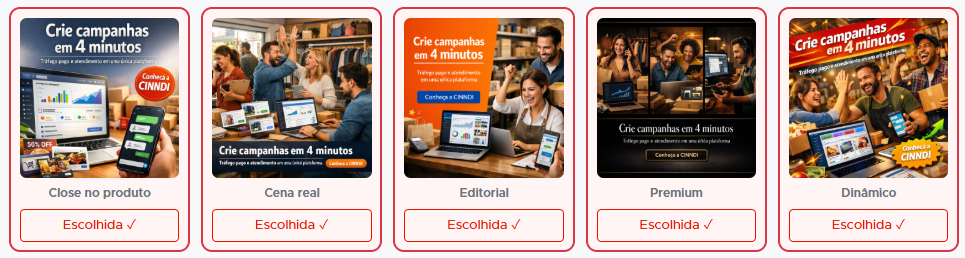 Opções de imagem geradas pela IA da CINNDI para escolher no anúncio